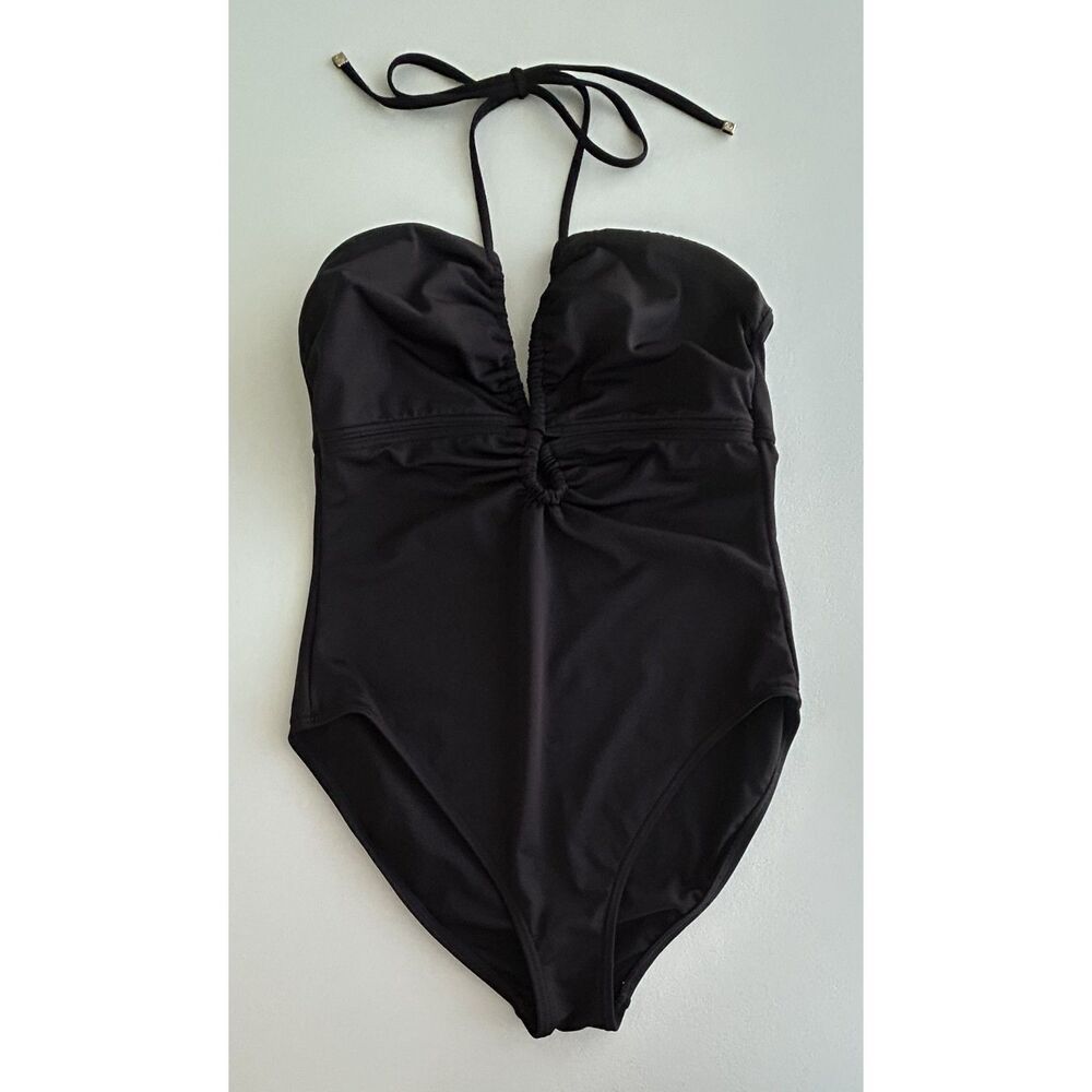 Michael Kors Logo Ring Halter Plunging One Piece Swimsuit Size 10 Black
